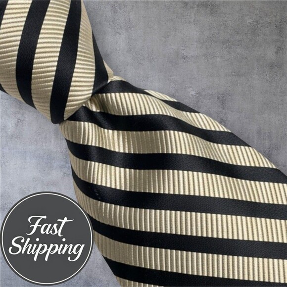 ROBERT TALBOTT  Tie Striped 100% Silk Necktie Tan/Black - Picture 1 of 6